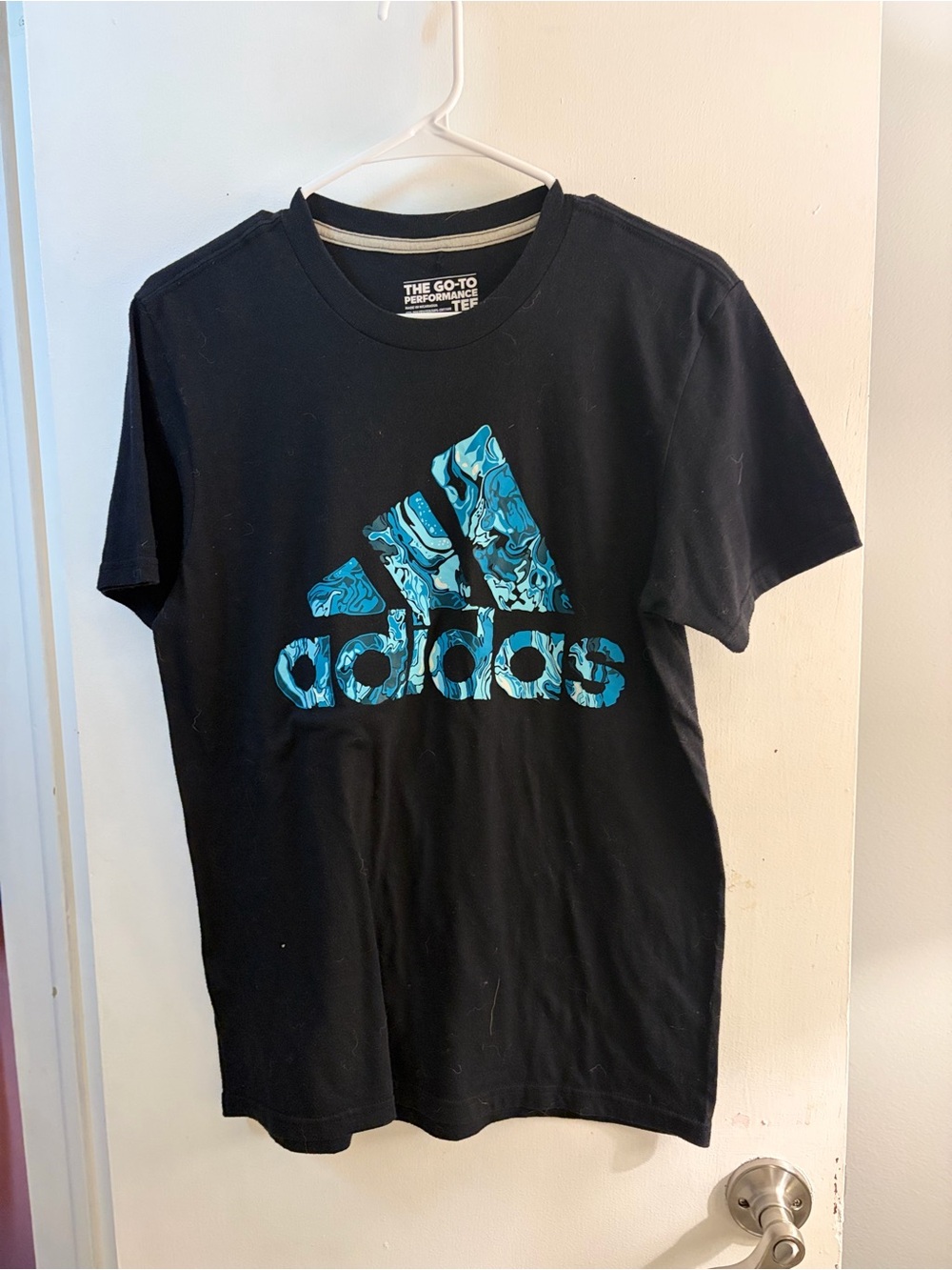 adidas Black Short-Sleeve Tee with Blue Marble Logo